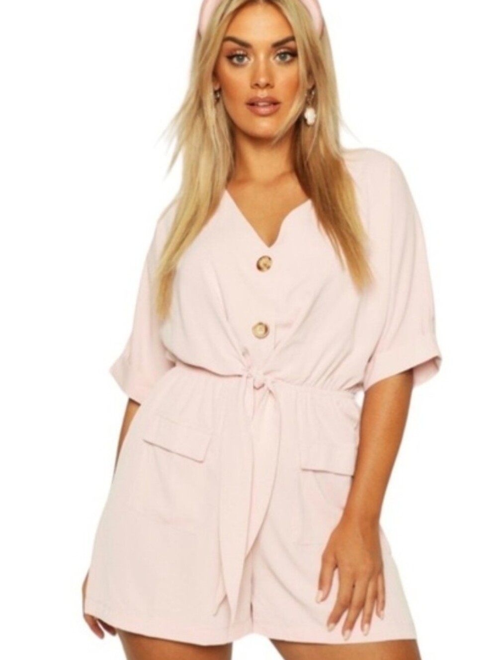 Boohoo Women's Light Pink Short Sleeve Tied Waist Romper Size 20